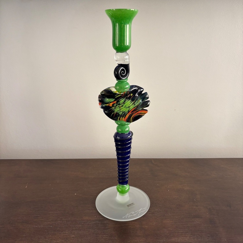 Casafina‎ Art Glass Candlestick Holder Handmade Romania Green Blue Signed 13.5in